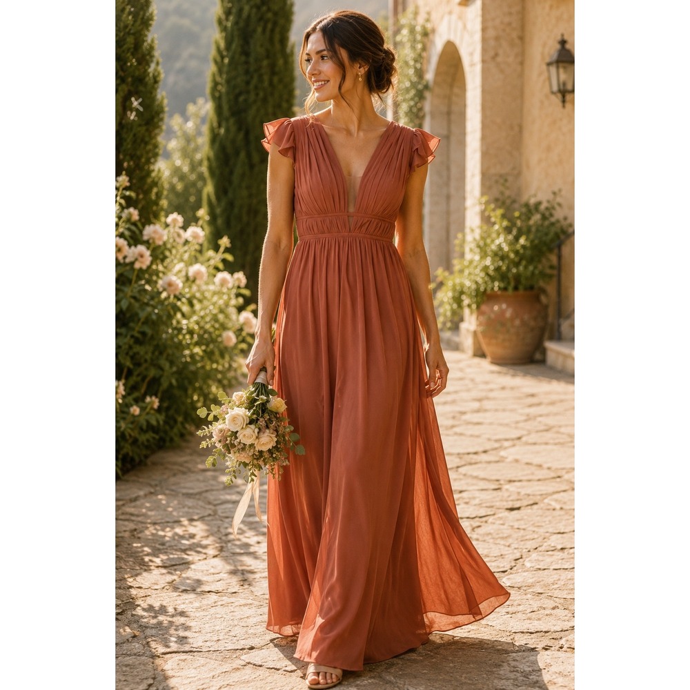 Revelry Cora Chiffon Maxi Bridesmaid Dress Rust Terracotta Chiffon Formal 6